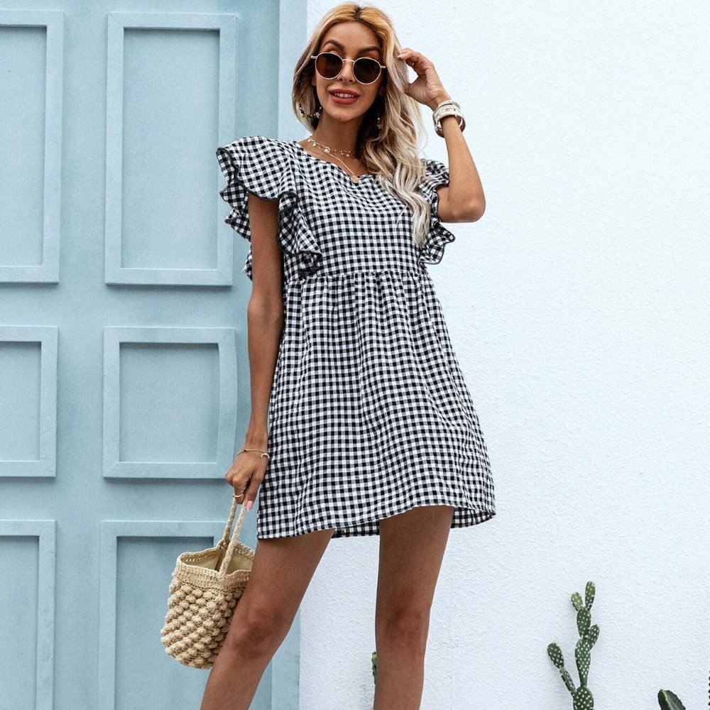 SHEIN Gingham Butterfly Sleeve Dress NEW